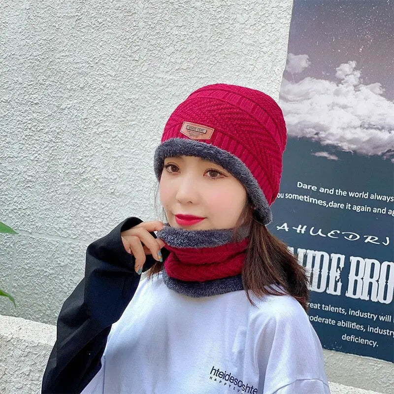 2pcs Ski Cap and Scarf Set Cold Warm Winter Hat for Women Men Knitted Bonnet Warm Cap ANB94