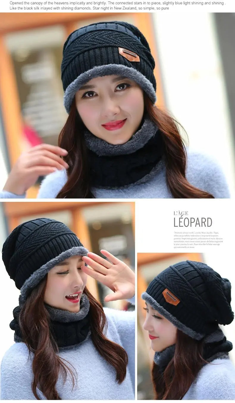 2pcs Ski Cap and Scarf Set Cold Warm Winter Hat for Women Men Knitted Bonnet Warm Cap ANB94