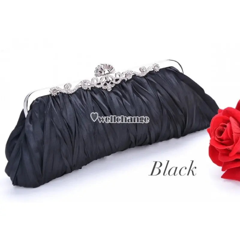 Fashionable and Vintage Ruched Satin Clutch Hand Bag with Silver Floral Clasp ANB94