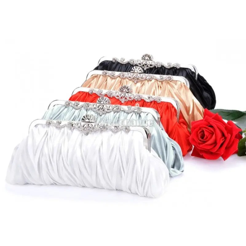 Fashionable and Vintage Ruched Satin Clutch Hand Bag with Silver Floral Clasp ANB94