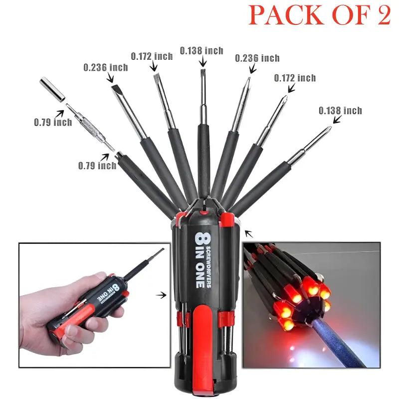 Pack Of 2 Compact 8-In-1 Multi Screwdriver Tool Set With 6 LED Torch ANB94