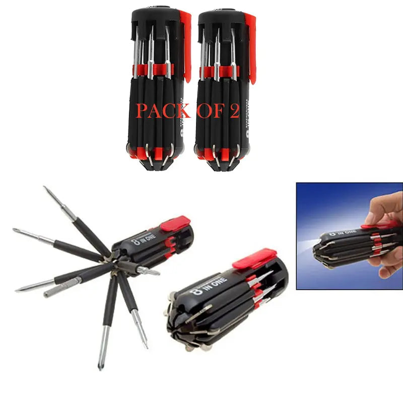 Pack Of 2 Compact 8-In-1 Multi Screwdriver Tool Set With 6 LED Torch ANB94