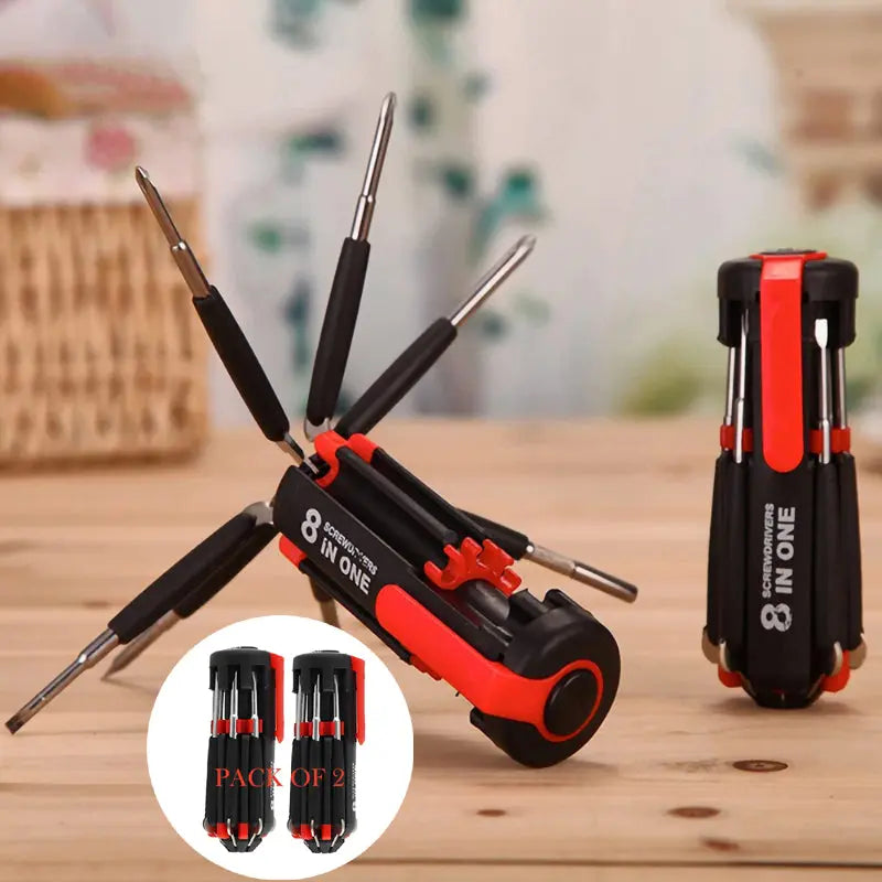 Pack Of 2 Compact 8-In-1 Multi Screwdriver Tool Set With 6 LED Torch ANB94
