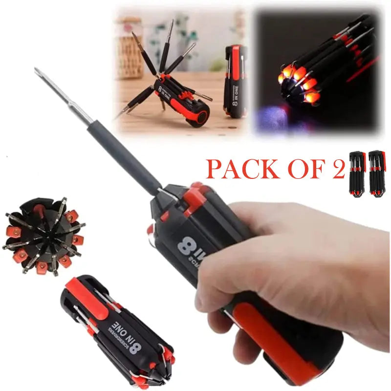 Pack Of 2 Compact 8-In-1 Multi Screwdriver Tool Set With 6 LED Torch ANB94