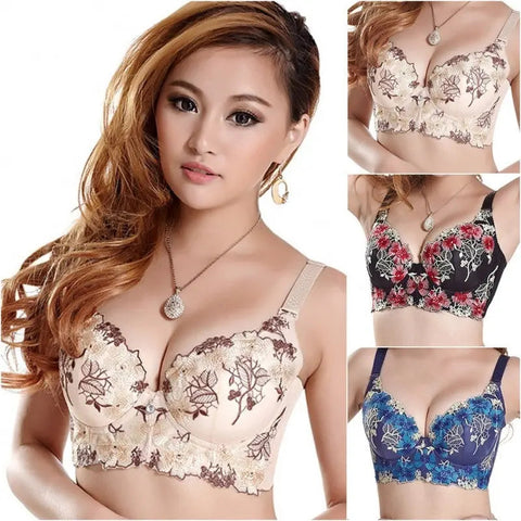 Women Seamless Side Support Plunge Bra Underwired Push Up Bra Embroidered ANB94