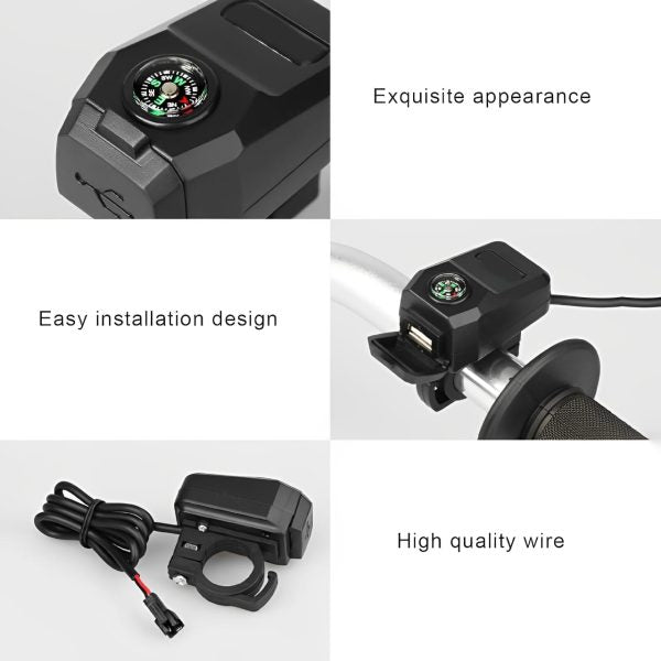 Motorcycle USB Charger with Compass – Fast Charging, Waterproof, 36-105V – Universal for Motorcycles & E-Bikes